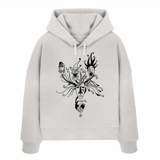 Vegan und Bio Crop Hoodie mit Mental Health - Behind the Mask-Design, zeigt eine facettenreiche Gesichtsillustration, inspiriert von psychologischen Themen.