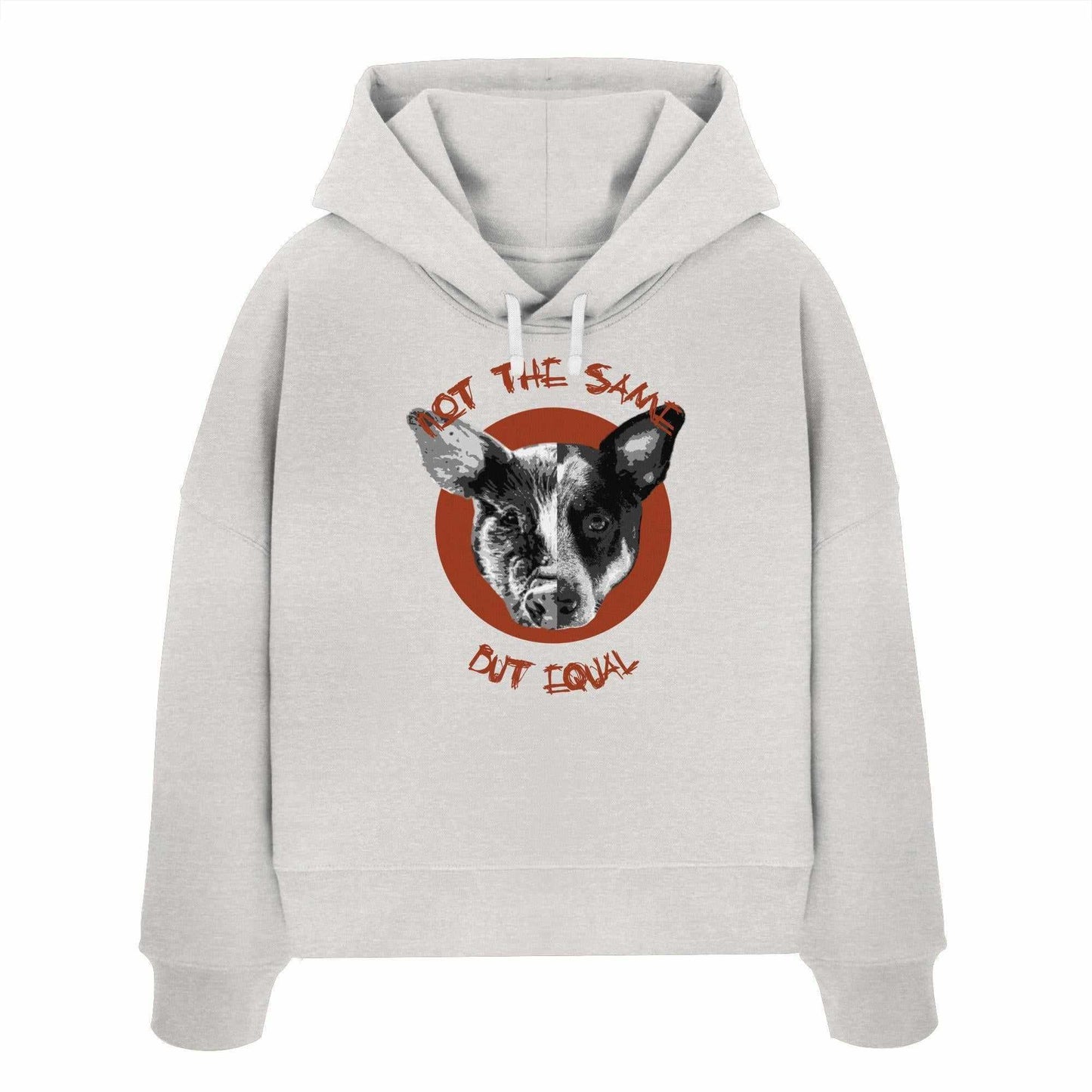 Vegan und Bio Crop Hoodie mit digitaler Collage eines Hundes und Schweins, 100% Bio-Baumwolle, thematisiert Tierrechte und Gleichheit.