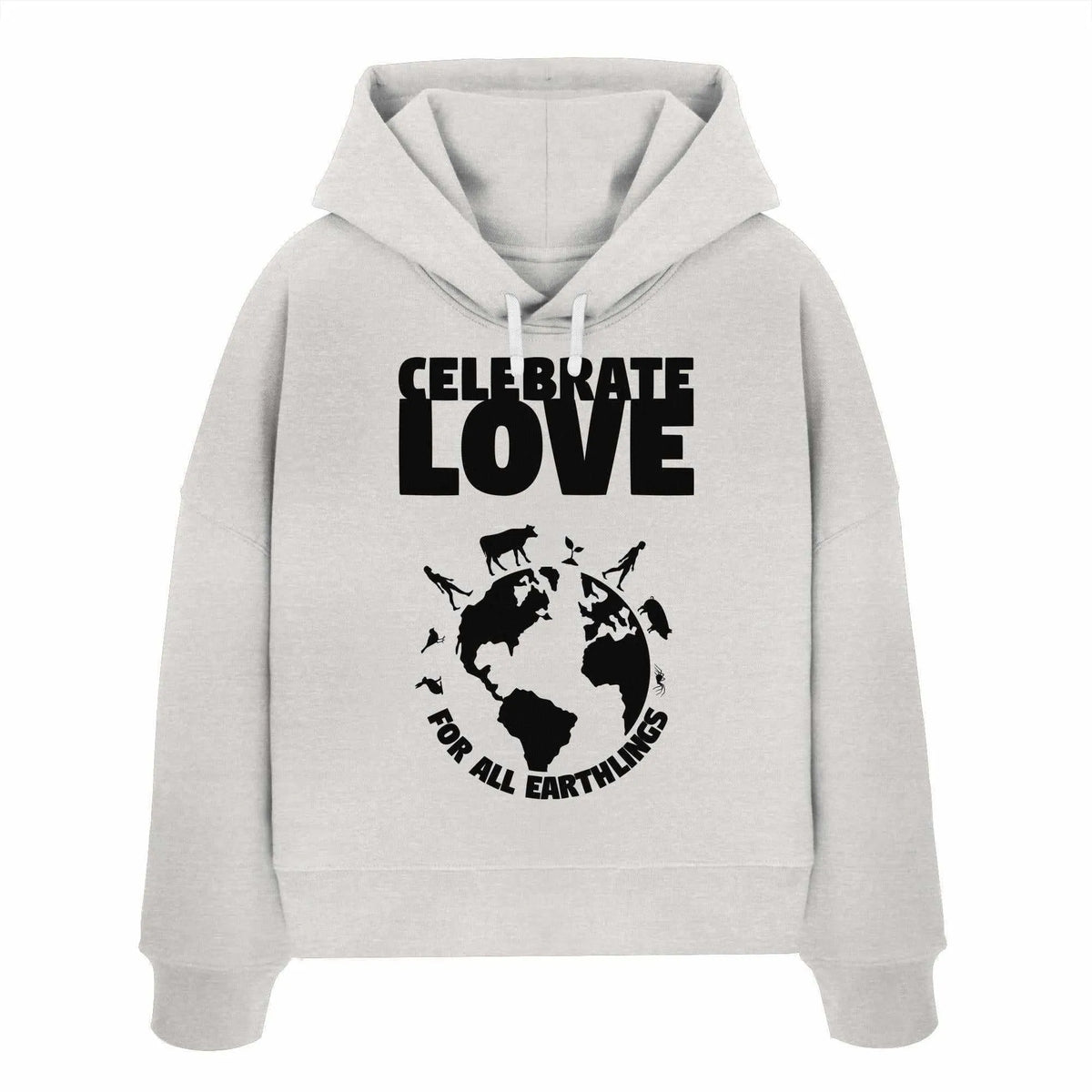 Crop-Hoodie in Hellgrau mit Kapuze, Kordeln und großem Frontprint „Celebrate Love“.