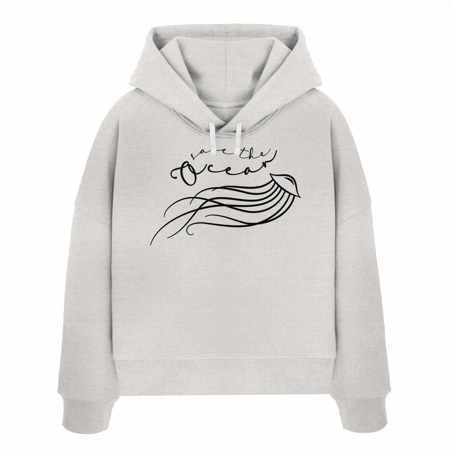 Vegan und Bio Crop Hoodie: Jellyfish - Save the Ocean mit minimalistischer Quallen-Grafik auf weißem Hoodie aus Bio-Baumwolle, betont Umweltschutz.