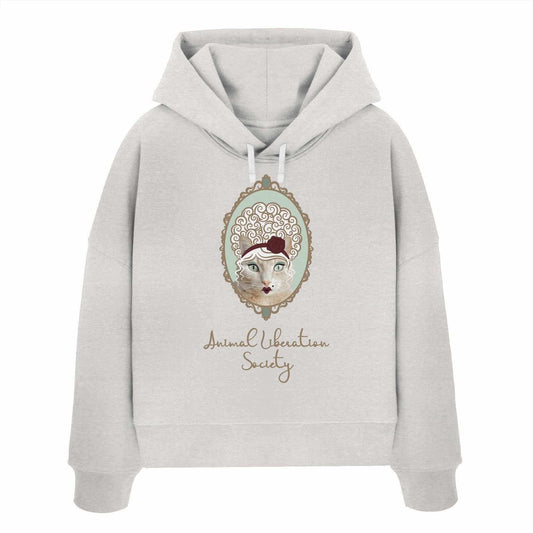 Vegan und Bio Crop Hoodie: Miss Cat - Animal Liberation Society zeigt eine stilisierte Katze mit Rose, inspiriert von Tierrechten. 100% Bio-Baumwolle, reguläre Passform.