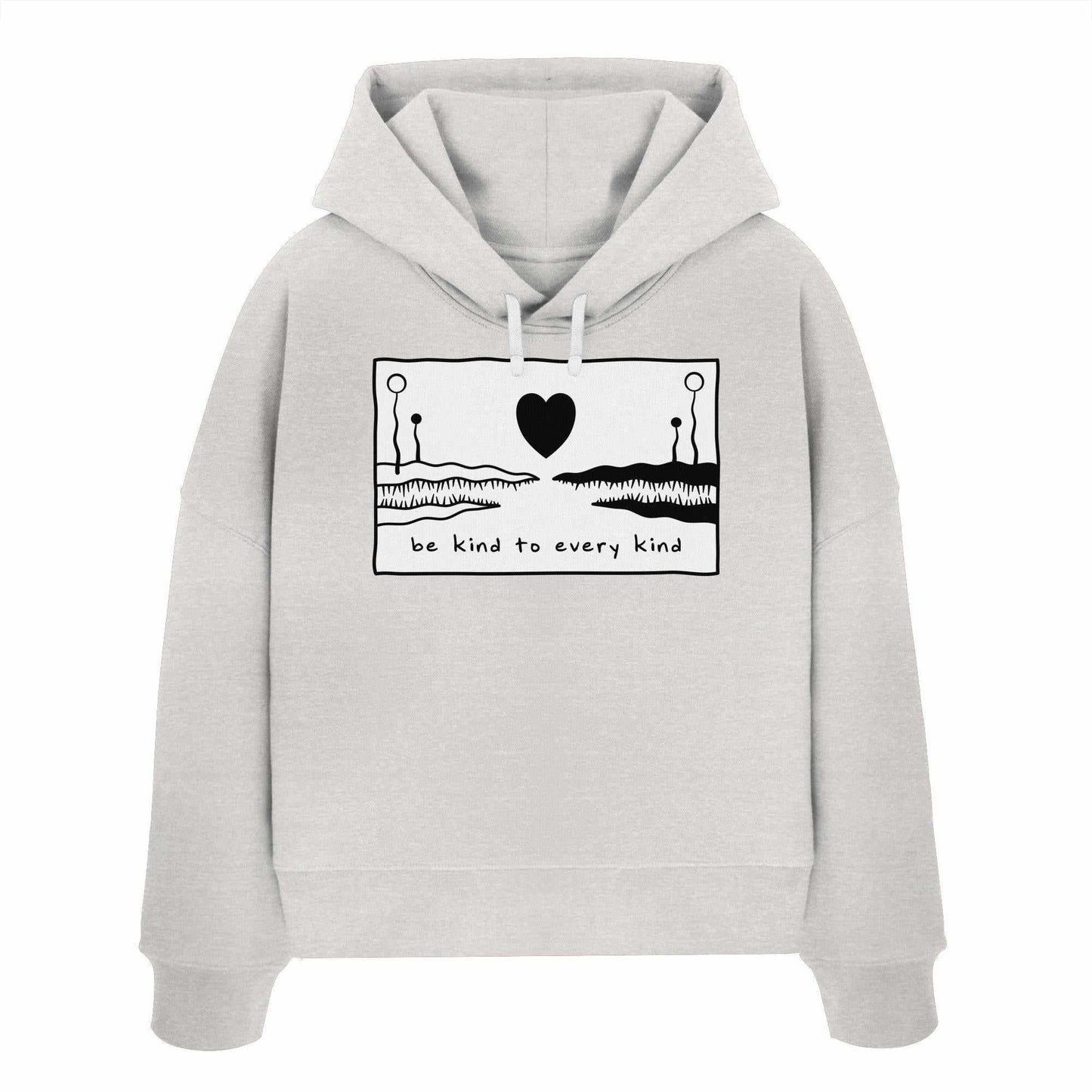 Vegan und Bio Crop Hoodie: Be kind to every kind, zeigt ein herzförmiges Design mit Bild, aus 100% Bio-Baumwolle, rebellisch und nachhaltig von RUDE REBEL.