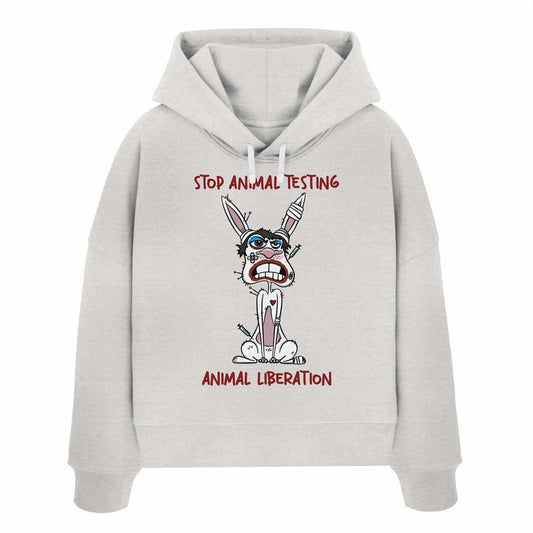 Vegan und Bio Crop Hoodie mit Cartoon-Kaninchen, das zur Beendigung von Tierversuchen aufruft. Nachhaltig aus 100% Bio-Baumwolle gefertigt.