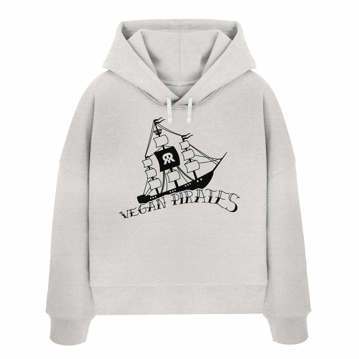 Veganes Bio-Crop-Hoodie mit Kapuze und Kordelzug, Frontprint Piratenschiff, hellgrau meliert