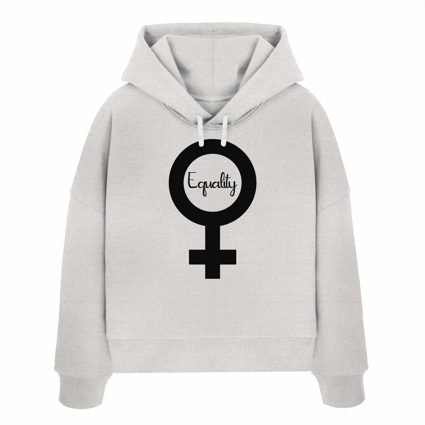 Veganer Bio Crop Hoodie mit symbolischem Feminismus-Design, doppellagiger Kapuze, Bio-Baumwolle, inspiriert von Gleichberechtigungskampf und Nachhaltigkeit.