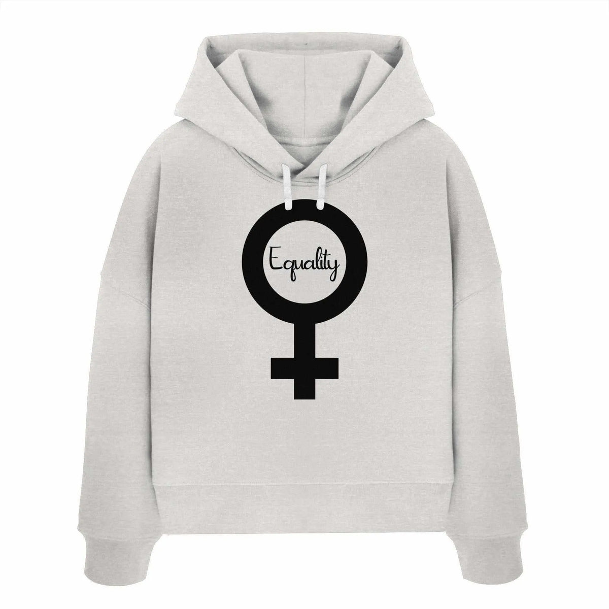Crop-Hoodie in Hellgrau mit Kapuze und Kordel; großer Equality-Symbol-Druck vorn