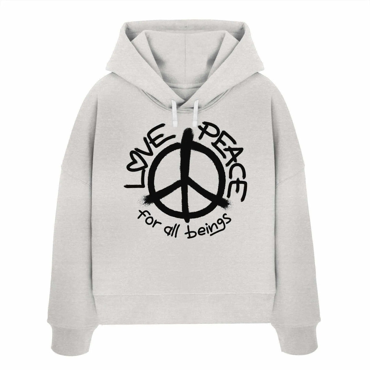 Crop-Hoodie in Hellgrau mit Peace-Logo, Kordelzug an der Kapuze und Frontprint