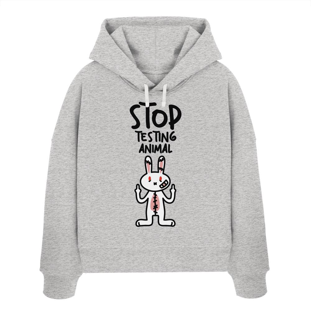 Vegan und Bio Crop Hoodie mit aufmüpfigem Hasenmotiv und Botschaft gegen Tierversuche. Hergestellt aus 100% Bio-Baumwolle, ideal für Tierrechtsaktivisten.