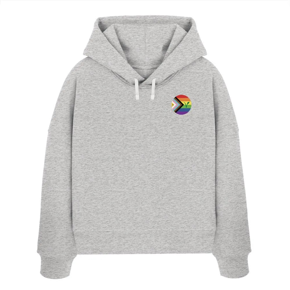 Kurzer Hoodie in meliertem Hellgrau mit Kapuze, Kordeln und Regenbogen-Abzeichen vorn