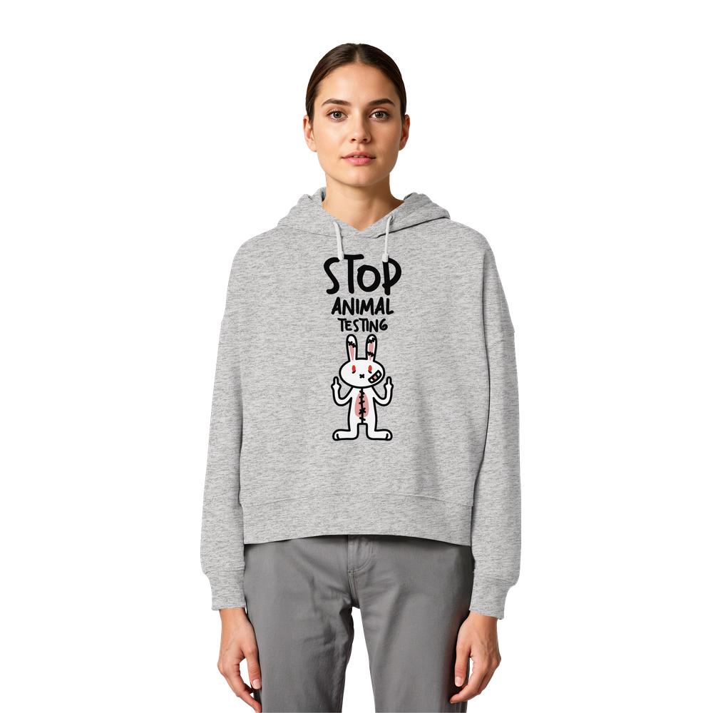 Grau melierter Crop-Hoodie mit Kapuze und Kordelzug, Hasenmotiv „STOP ANIMAL TESTING“.