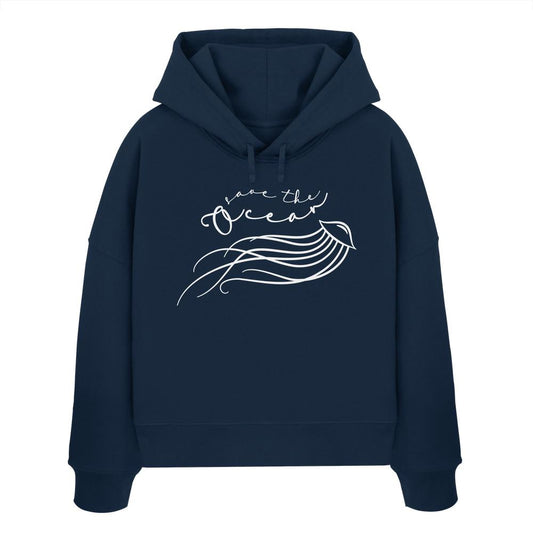 Vegan und Bio Crop Hoodie mit Quallen-Grafik und Save the Ocean-Aufruf, betont Nachhaltigkeit und Meeresschutz, aus 100% Bio-Baumwolle.