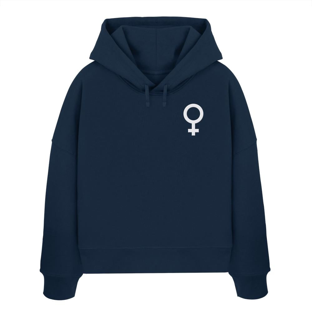 Vegan und Bio Crop Hoodie bestickt: Das Venussymbol auf der Brust, symbolisiert feministische Kämpfe. Hergestellt aus 100% Bio-Baumwolle, mit doppellagiger Kapuze und regulärer Passform.