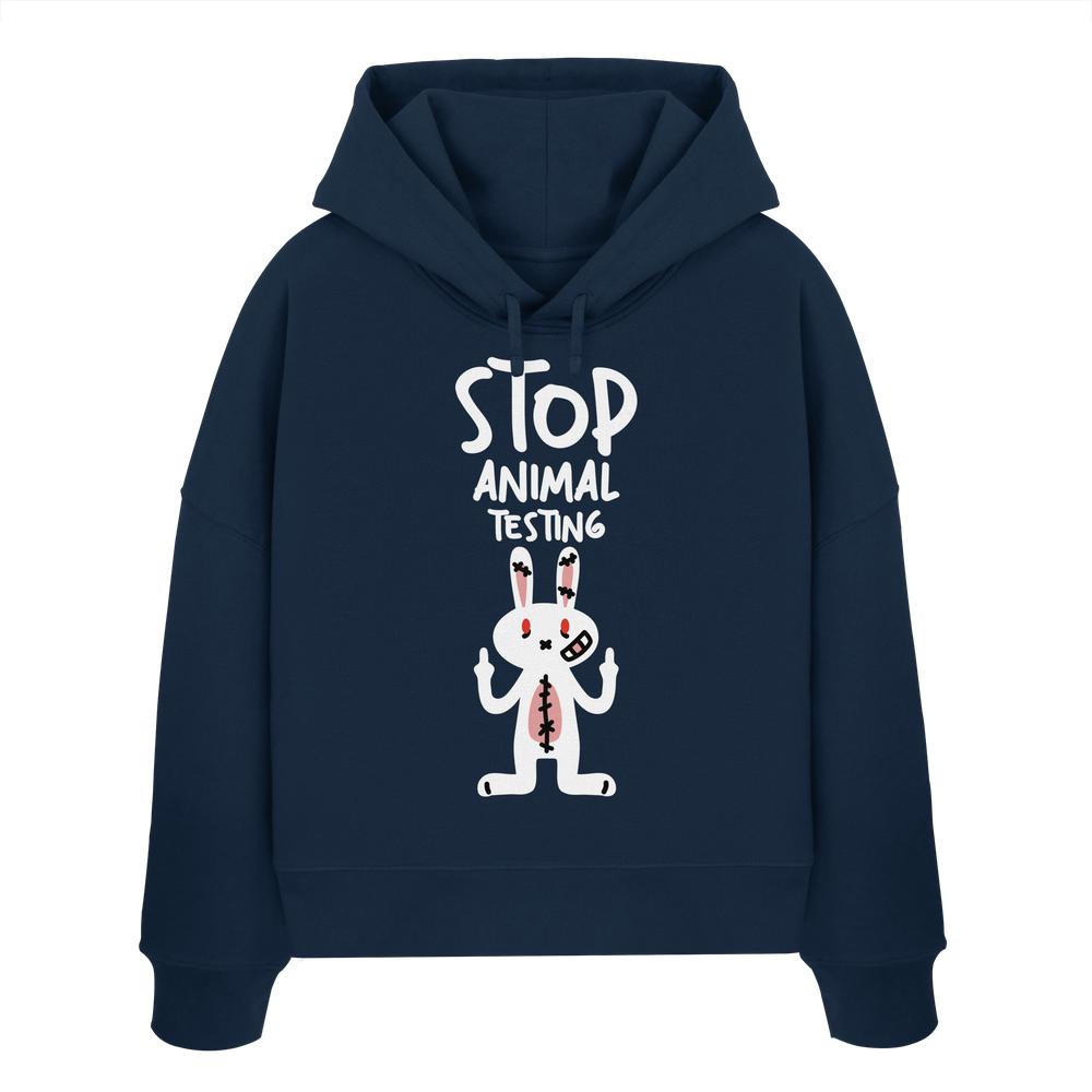 Crop-Hoodie Dunkelblau mit Kapuze und Kaninchen-Frontprint „Stop Animal Testing“