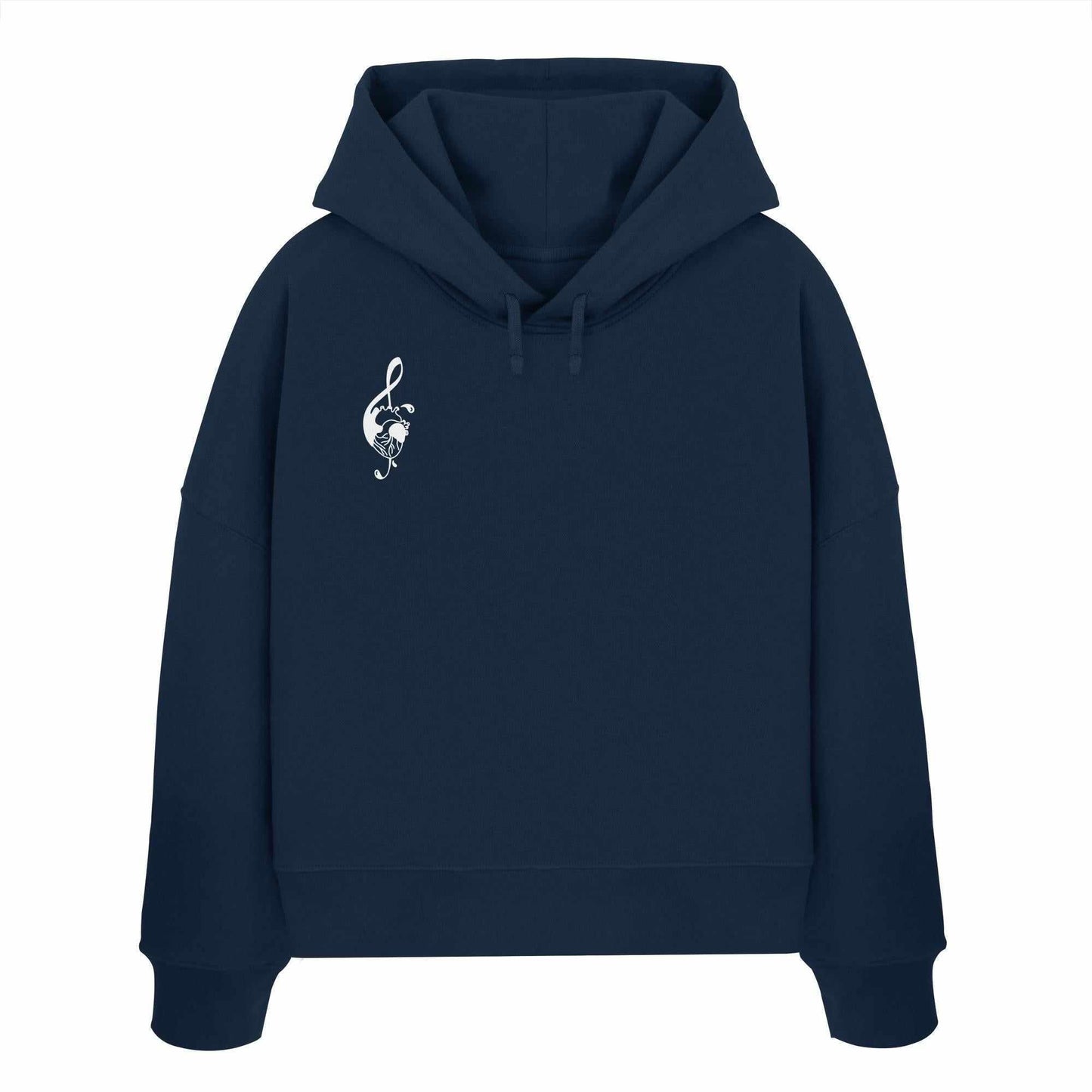 Vegan und Bio Crop Hoodie: Music Heart mit weißem Herz-Schwert-Design auf blauer Kapuze aus Bio-Baumwolle, ideal für nachhaltige Mode von RUDE REBEL.