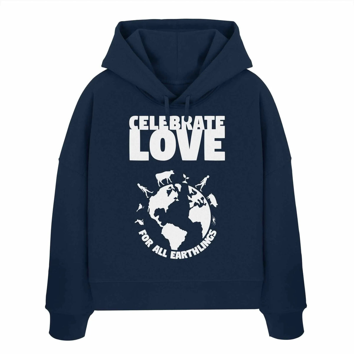 Crop-Hoodie in Navyblau mit Kapuze, Kordeln und großem Frontprint „Celebrate Love“.