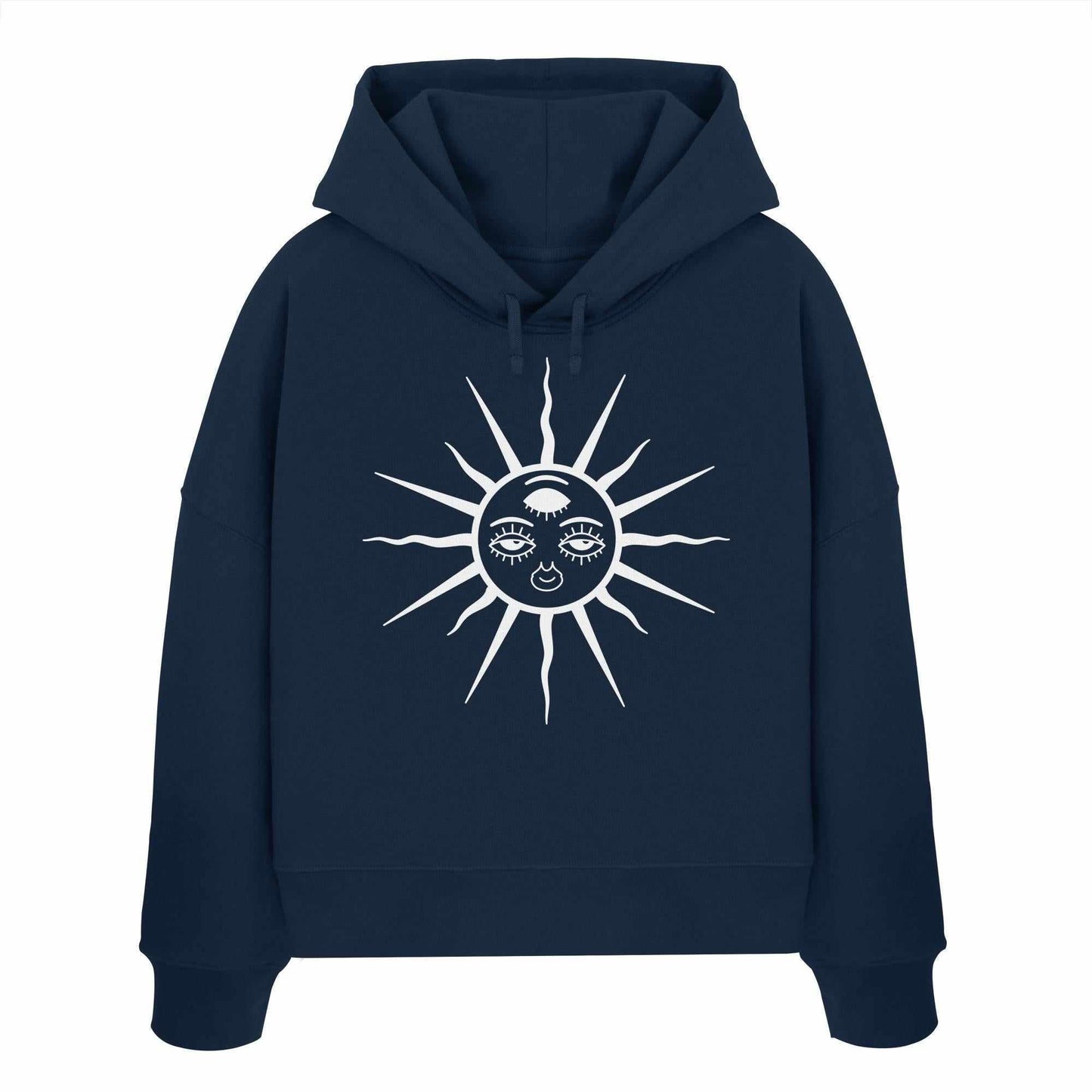 Vegan und Bio Crop Hoodie: The Sun - Third Eye Awakening, blauer Hoodie mit dreiaugiger Sonnenzeichnung, aus 100% Bio-Baumwolle, perfekt für Goa Raves.