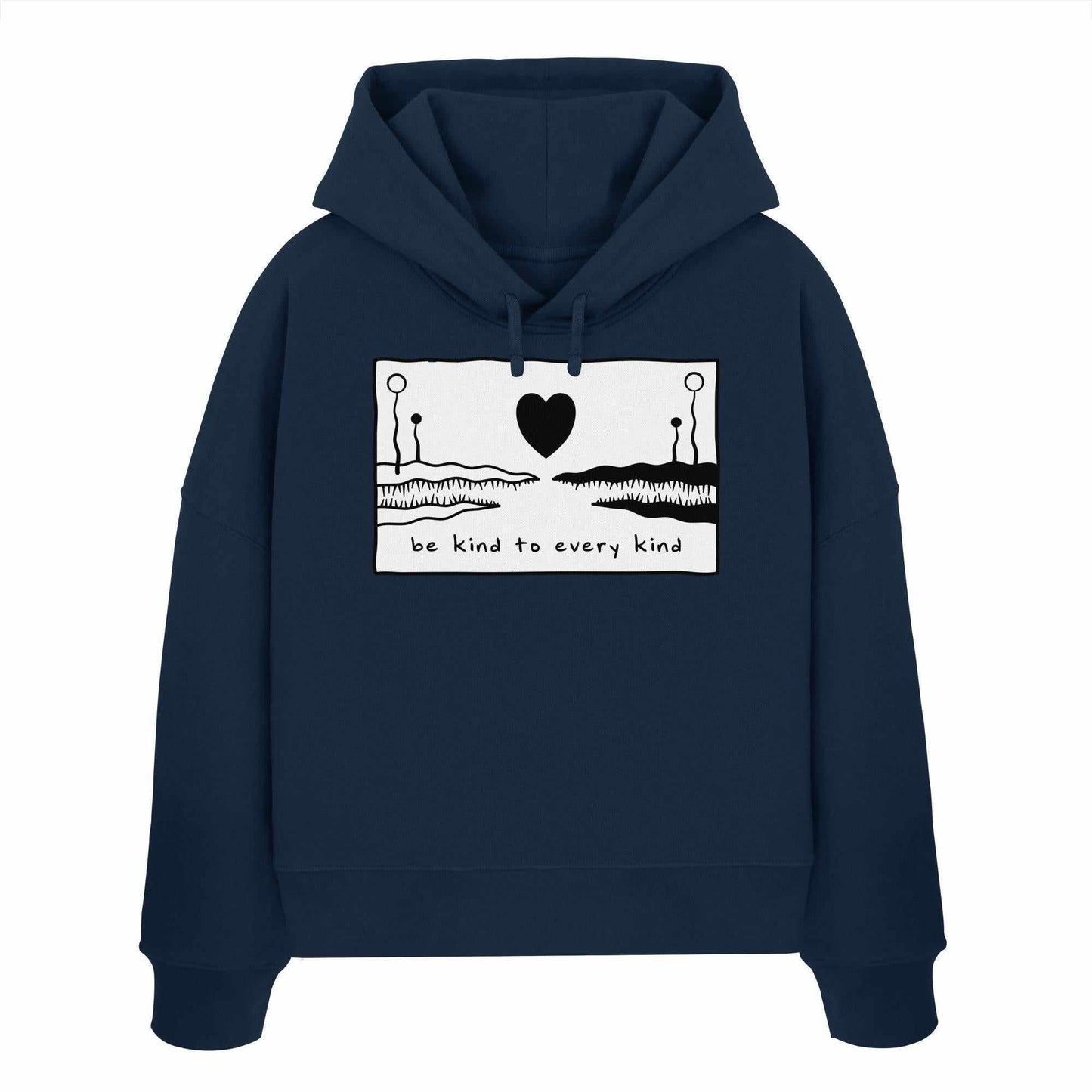 Vegan und Bio Crop Hoodie: Be kind to every kind, blauer Hoodie mit weißem Design, Herz und Alligatorzähnen, aus 100% Bio-Baumwolle, nachhaltige Mode von RUDE REBEL.