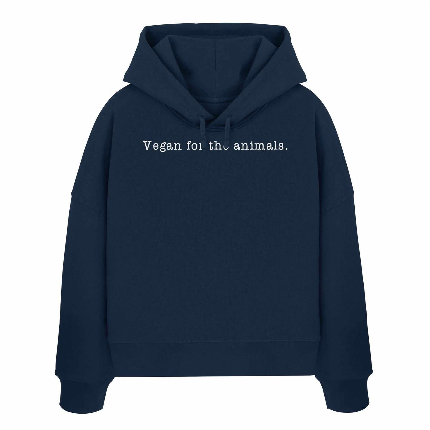 Vegan und Bio Crop Hoodie mit weißem Minimalismus-Designtext, Kapuze, abfallenden Schultern, aus 100% Bio-Baumwolle. Perfekt für tierfreundliche, nachhaltige Mode.