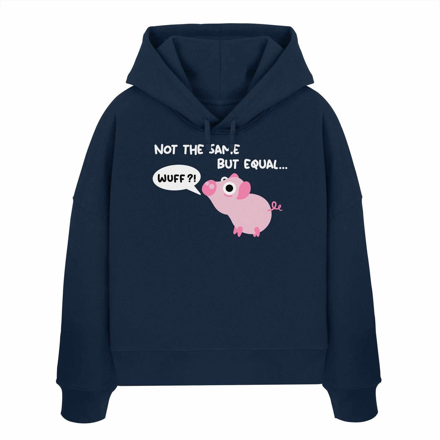 Vegan und Bio Crop Hoodie mit Cartoon-Schwein und Sprechblase, aus 100% Bio-Baumwolle, rebellisches Design von RUDE REBEL.