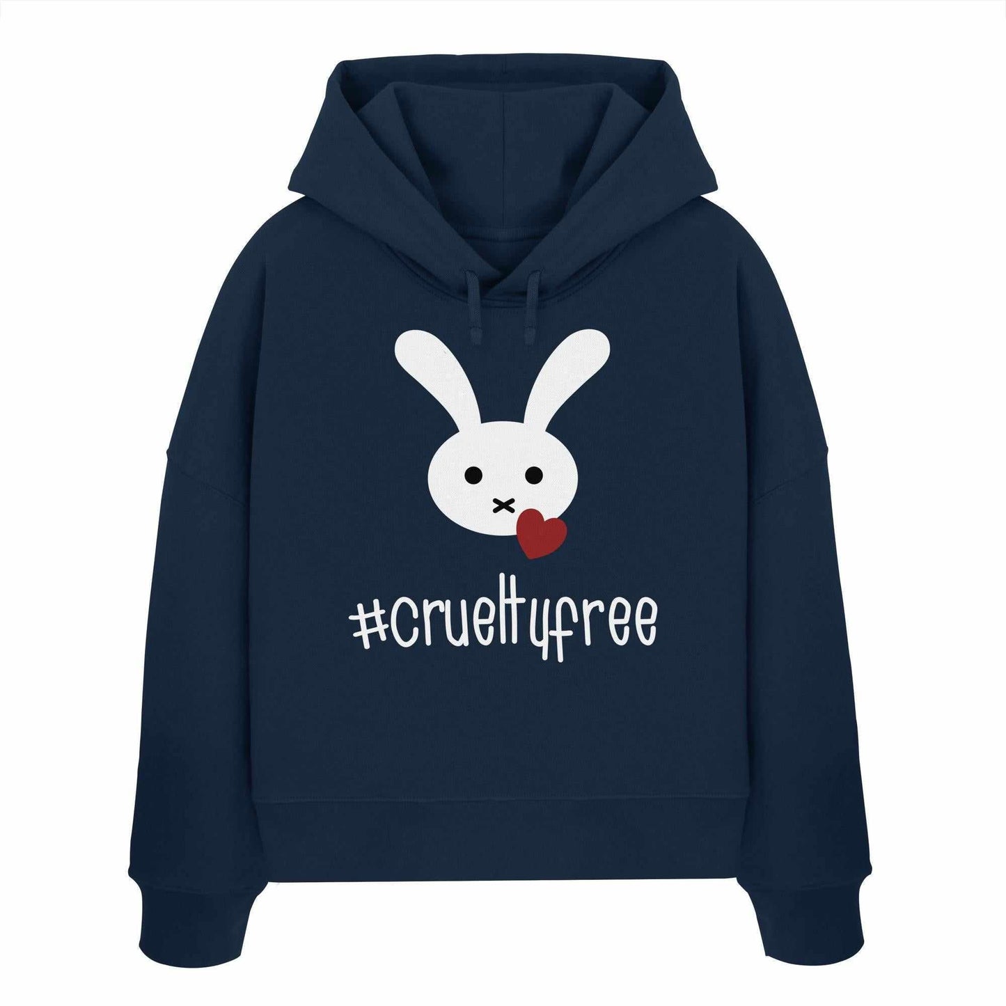 Vegan und Bio Crop Hoodie: Crueltyfree Bunny BIG mit einem weißen Kaninchenmotiv, aus 100% Bio-Baumwolle, Regular Fit, doppellagige Kapuze.