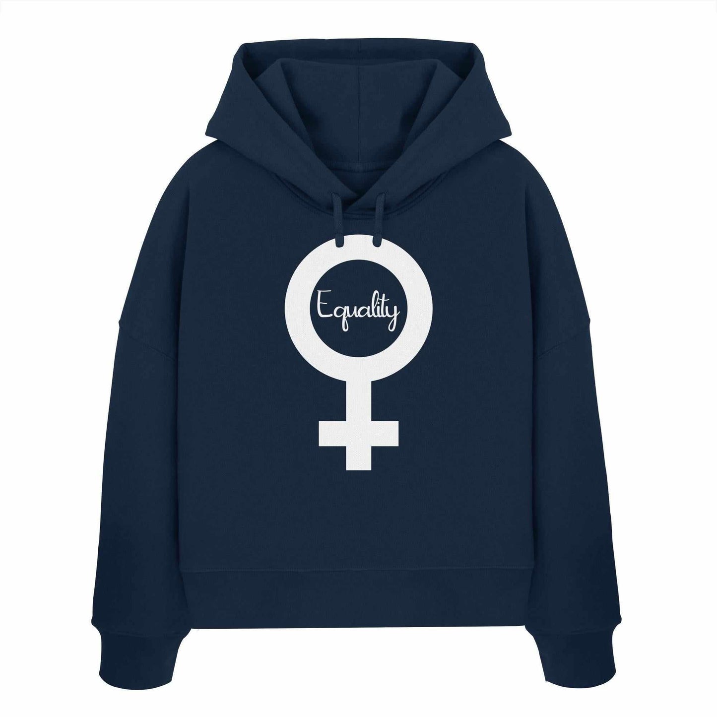 Vegan und Bio Crop Hoodie mit Feminismus-Symbol, aus 100% Bio-Baumwolle, doppellagige Kapuze, abfallende Schultern, von RUDE REBEL.