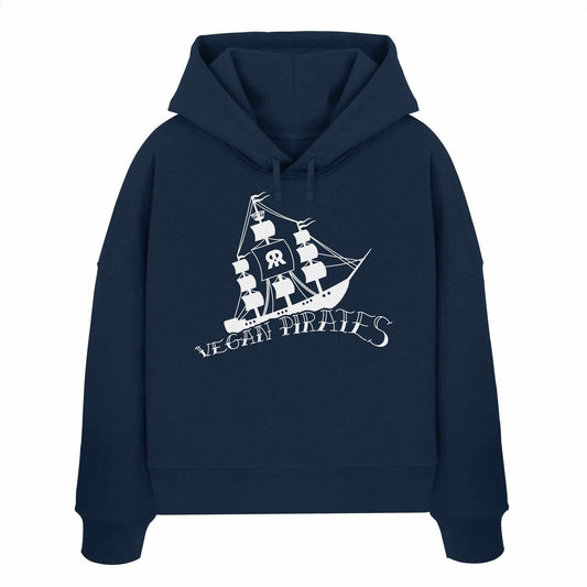 Vegan und Bio Crop Hoodie: Vegan Pirates, blauer Hoodie mit Piratenschiff-Design, aus 100% Bio-Baumwolle, doppellagige Kapuze, ideal für vegane und nachhaltige Mode.