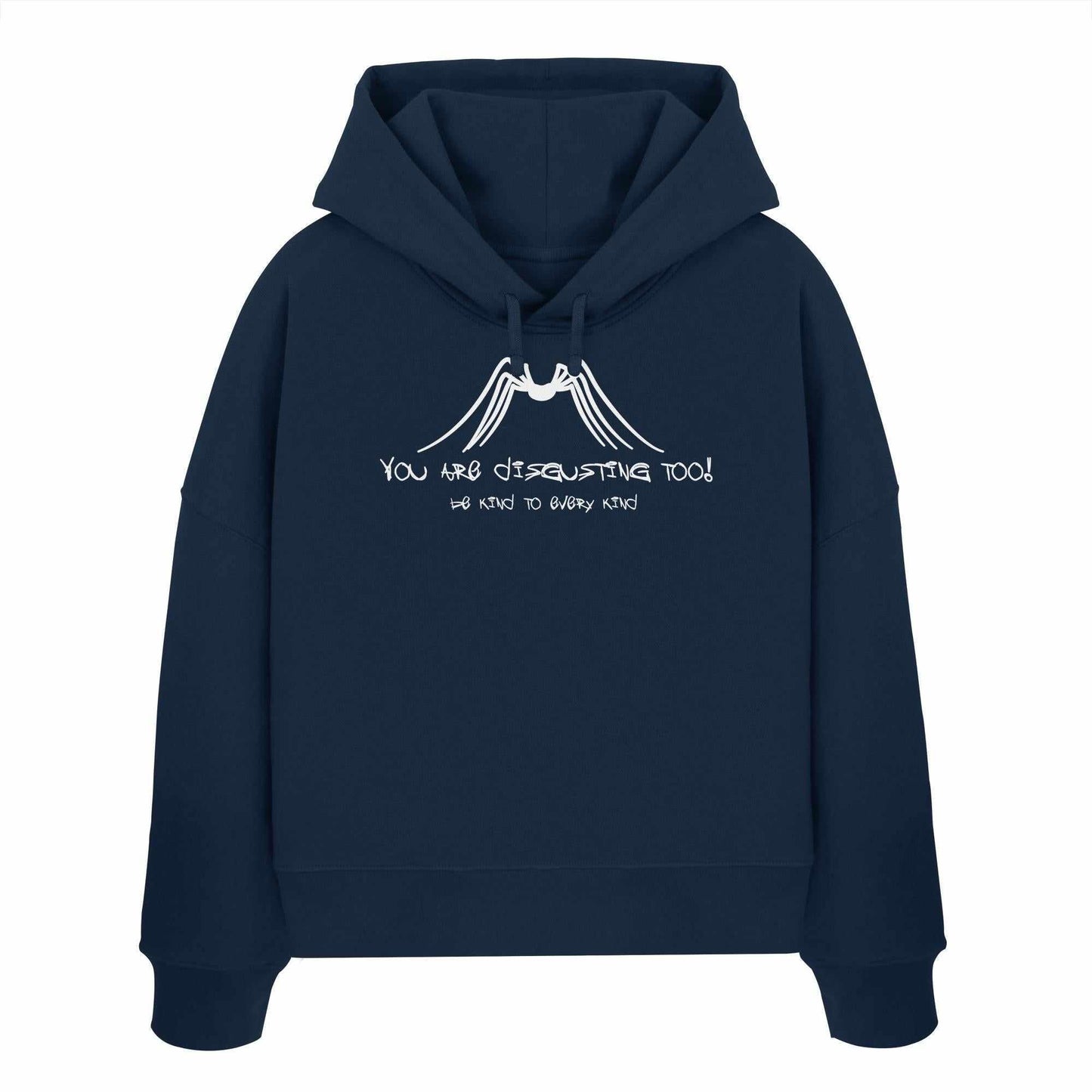 Vegan und Bio Crop Hoodie mit Aufschrift Protect Insects, even spiders and be kind to every kind, aus 100% Bio-Baumwolle, betont Tierrechte und Nachhaltigkeit.