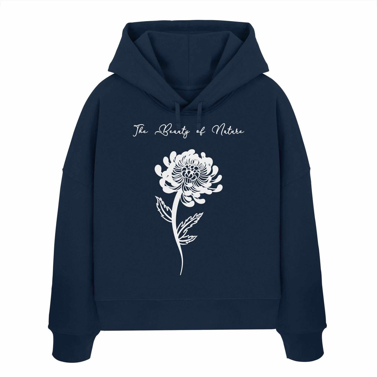 Vegan und Bio Crop Hoodie: Chrysantheme - The Beauty of Nature, blauer Kapuzenpullover mit weißer Blume, aus Bio-Baumwolle, nachhaltiges Design, Teil der RUDE REBEL Kollektion.