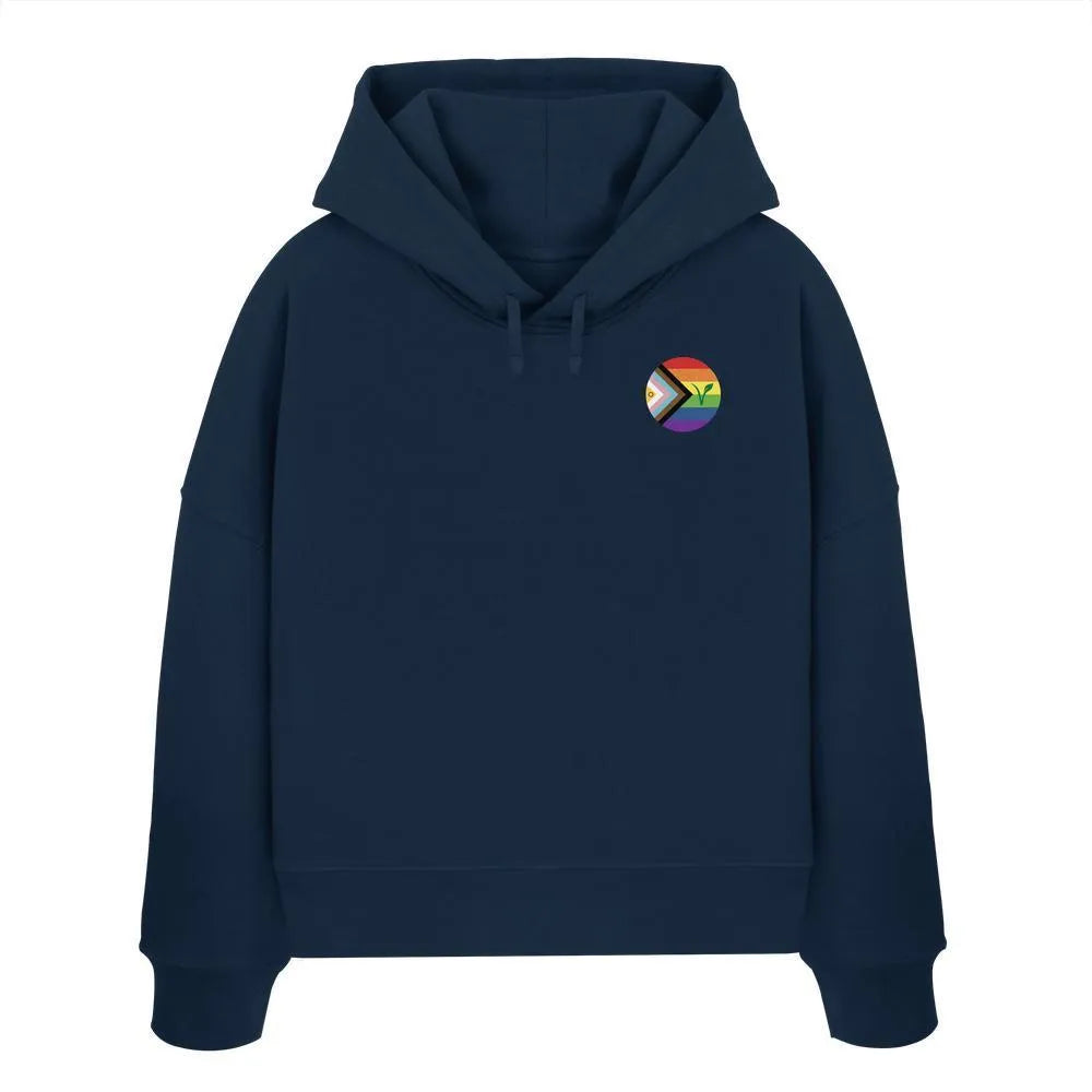 Kurzer Hoodie in French Navy mit Kapuze, Kordeln und kleinem Regenbogen-Abzeichen vorn