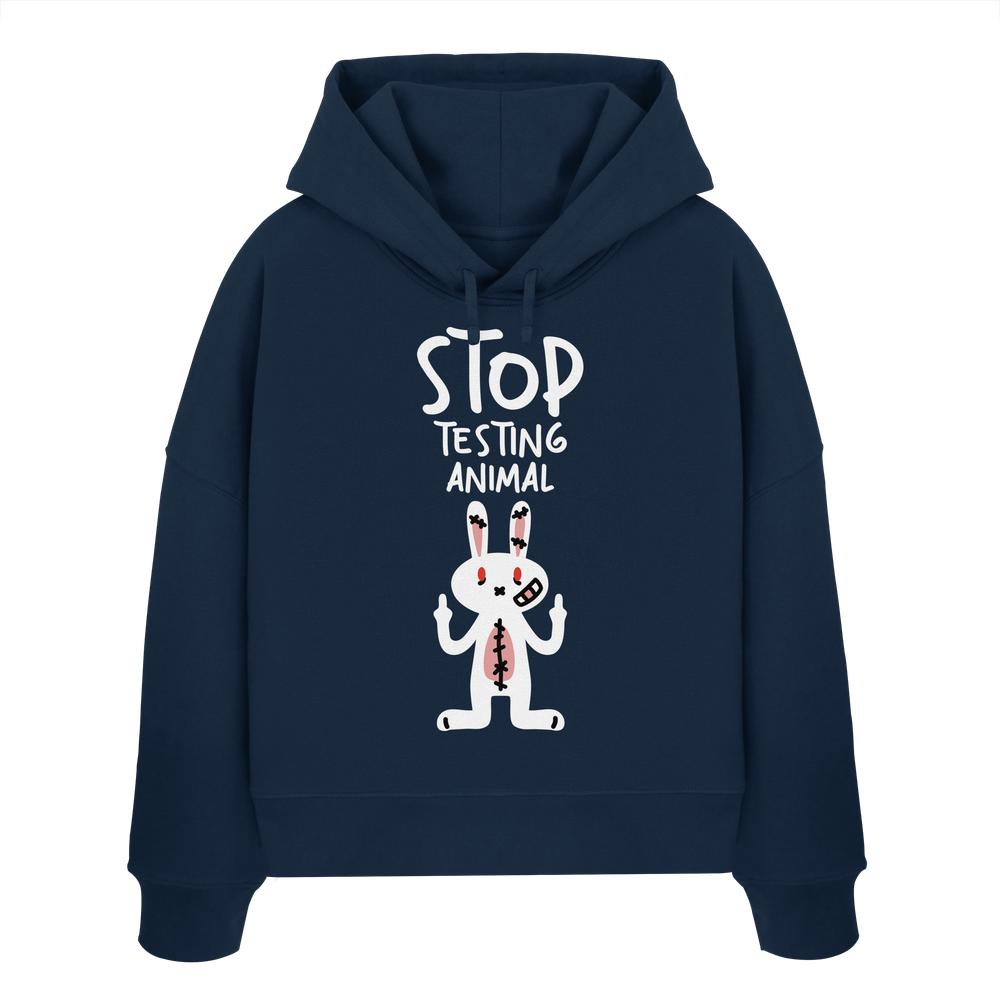 Vegan und Bio Crop Hoodie: Angry Rabbit - Animal Rights mit wütendem Cartoon-Hasen und Anti-Tierversuchs-Slogan, gefertigt aus 100% Bio-Baumwolle, rebellisches Design von RUDE REBEL.