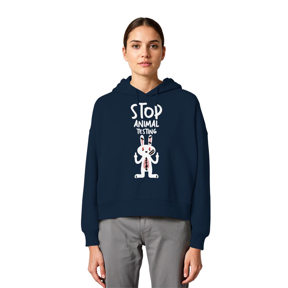 Crop-Hoodie in Dunkelblau mit Kapuze, Kordelzug und Kaninchen-Print „Stop Animal Testing“