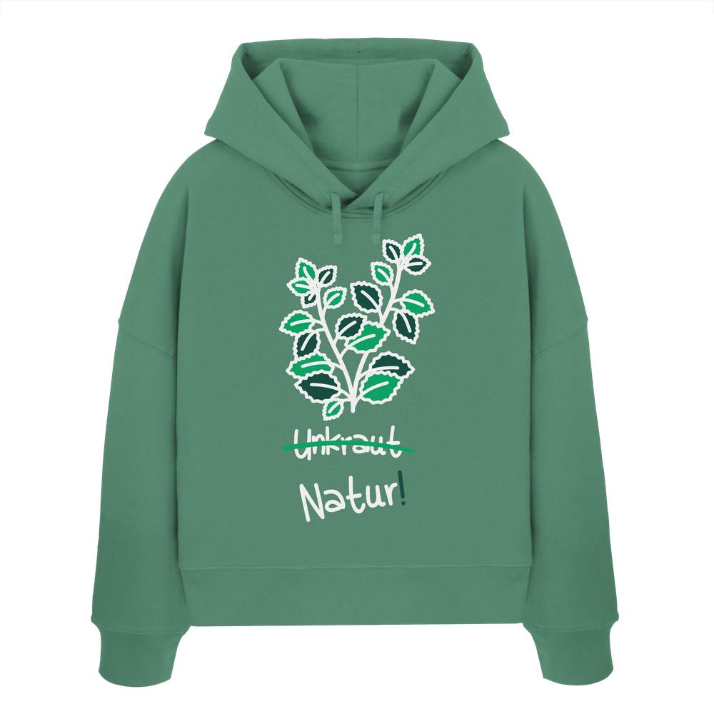 Vegan und Bio Crop Hoodie mit Brennnessel-Illustration, Unkraut durchgestrichen, Natur! darunter; nachhaltige Bio-Baumwolle, rebellisches Design von RUDE REBEL.