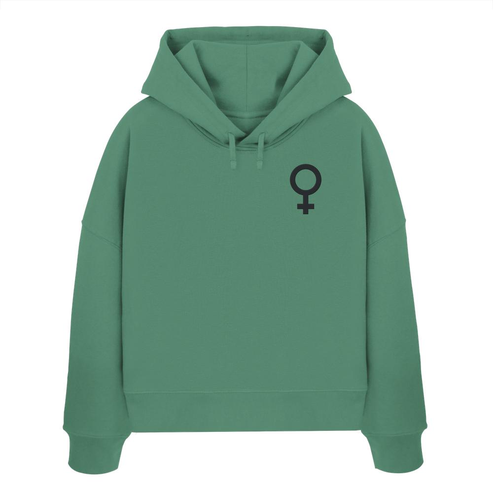 Grüner Hoodie aus Bio-Baumwolle mit schwarzem Venus-Symbol auf der Brust, symbolisiert den feministischen Kampf. Nachhaltig und vegan hergestellt von RUDE REBEL.