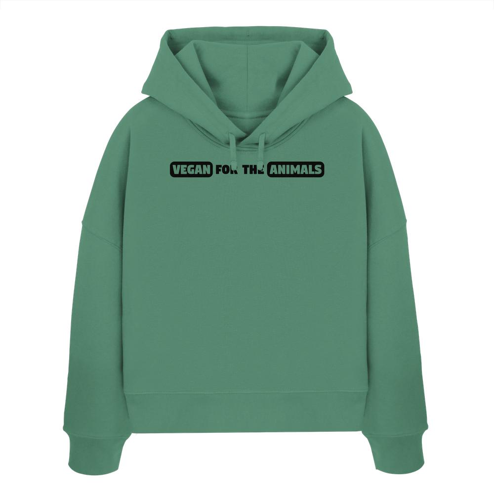 Vegan und Bio Crop Hoodie: VEGAN FOR THE ANIMALS Edition 2, grüner Hoodie mit schwarzem Slogan VEGAN FOR THE ANIMALS, aus 100% Bio-Baumwolle, reguläre Passform.