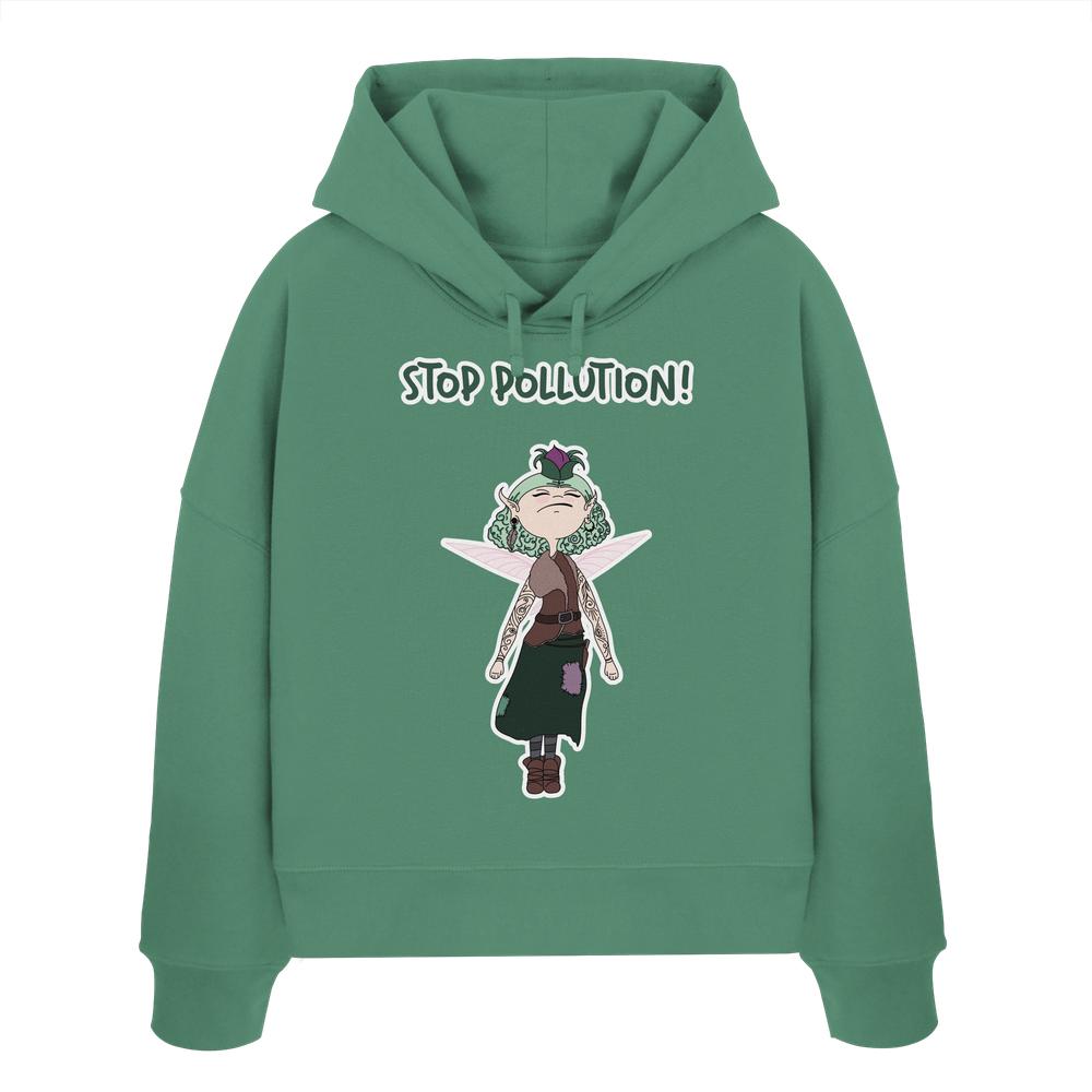 Vegan und Bio Crop Hoodie: STOP POLLUTION! - Krawall Fee mit Cartoon-Fee und Slogan auf der Vorderseite, aus 100% Bio-Baumwolle, Regular Fit, nachhaltige Mode.