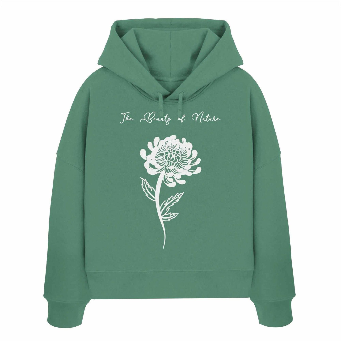 Vegan und Bio Crop Hoodie: Chrysantheme - The Beauty of Nature, grüner Hoodie mit weißem Blumenmuster, aus Bio-Baumwolle, doppellagige Kapuze, abfallende Schultern, nachhaltiges Design.