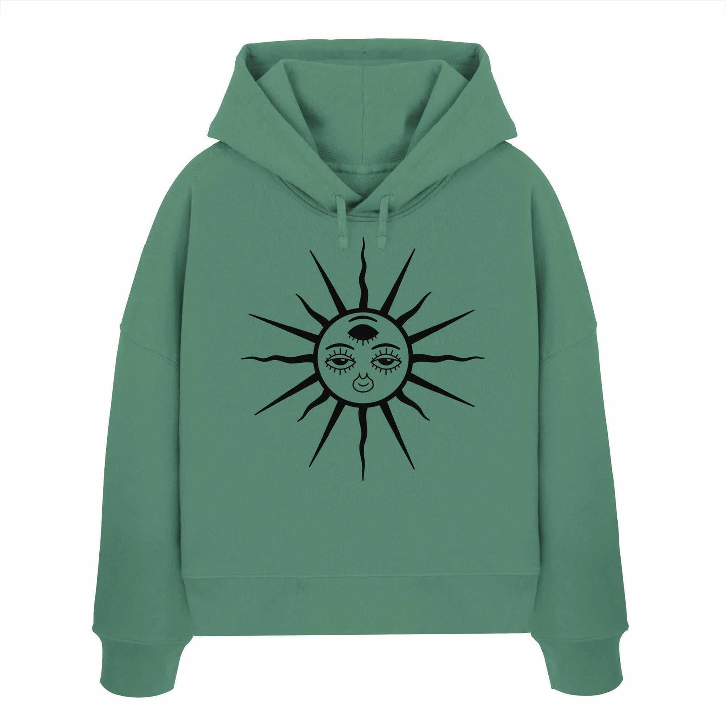 Vegan und Bio Crop Hoodie: The Sun - Third Eye Awakening, mit Sonnenmotiv und drei Augen, aus 100% Bio-Baumwolle, ideal für nachhaltige und alternative Mode.