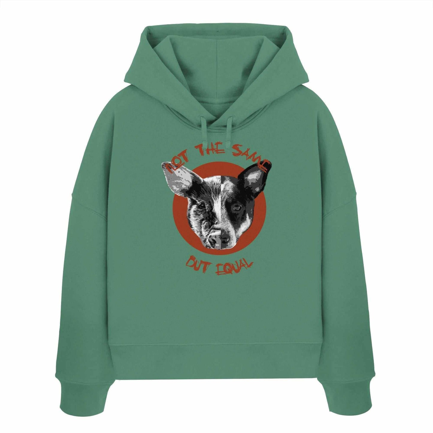 Vegan und Bio Crop Hoodie mit Hund-Schwein-Collage, thematisiert Tierrechte; aus 100% Bio-Baumwolle, regular fit, doppellagige Kapuze.