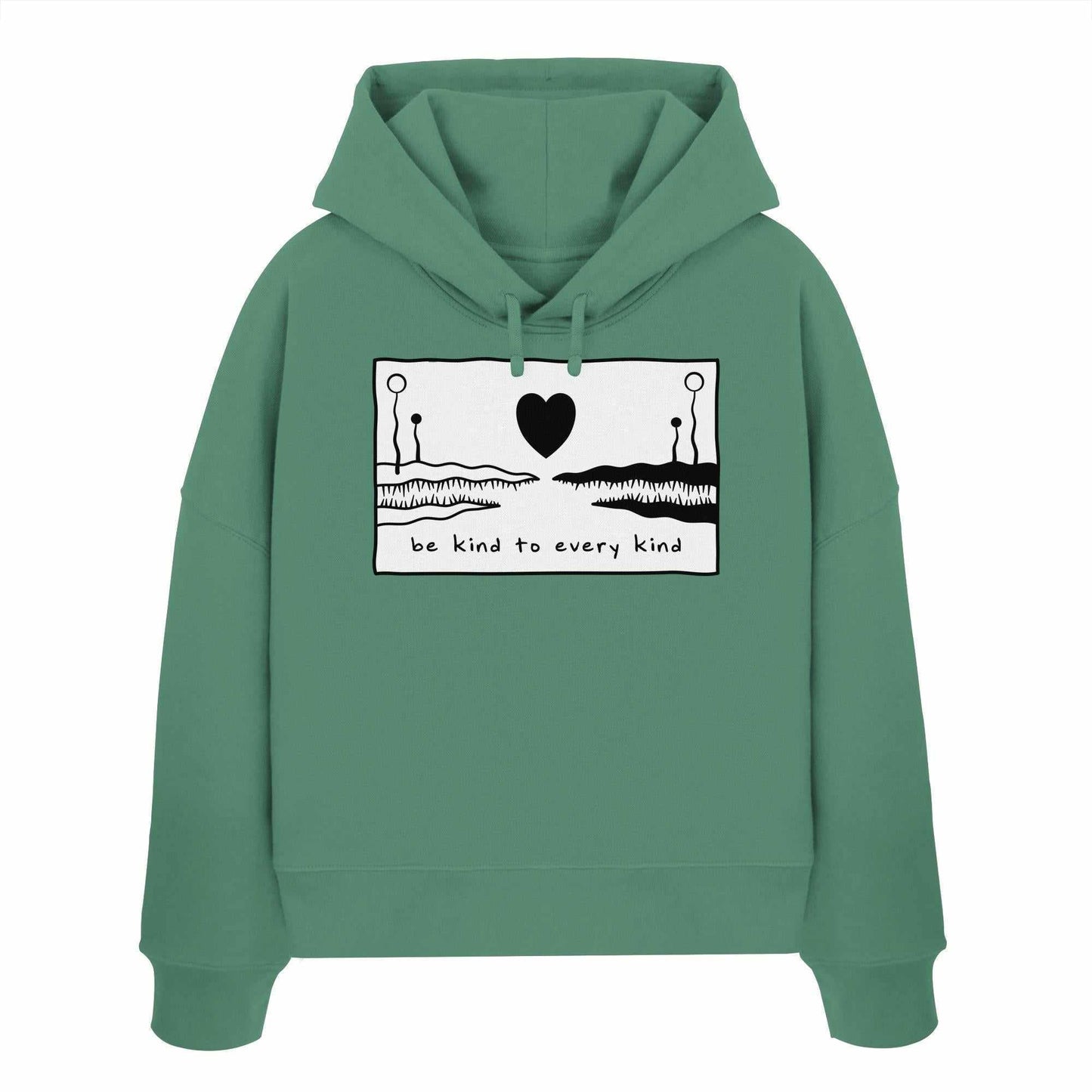 Vegan und Bio Crop Hoodie „Be kind to every kind“ mit schwarzem Herz und Krokodilmotiv, aus 100% Bio-Baumwolle, doppellagiger Kapuze, abfallende Schultern.