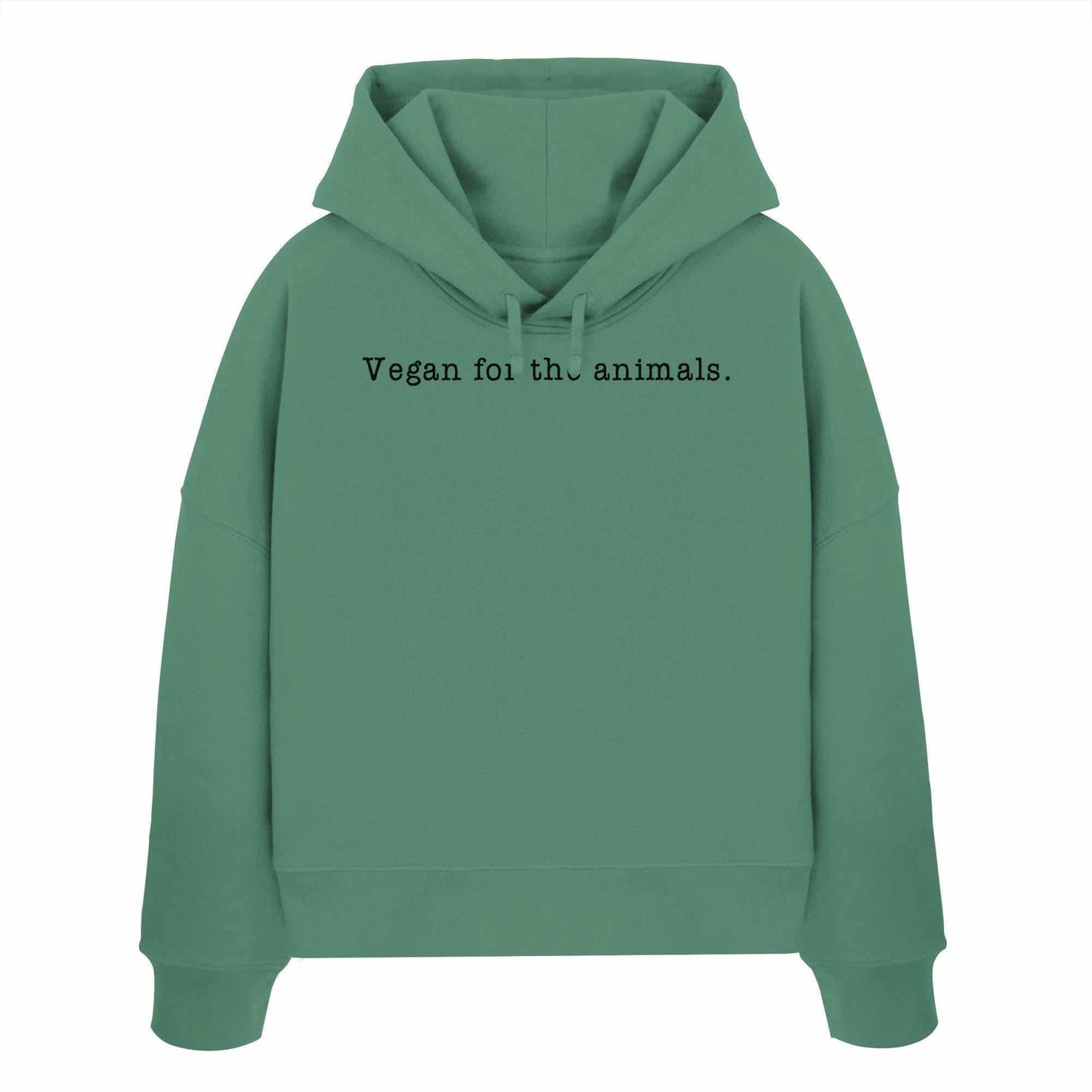 Vegan und Bio Crop Hoodie: Minimalism Design - Vegan for the animals. Grüner Hoodie mit schwarzem Text, doppellagiger Kapuze, aus 100% Bio-Baumwolle.