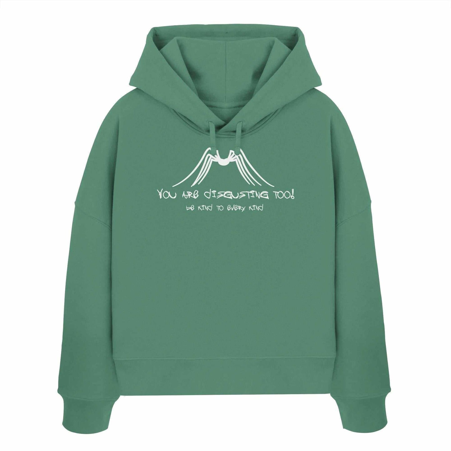 Vegan und Bio-Crop-Hoodie mit Protect Insects-Aufschrift, grüne nachhaltige Mode von RUDE REBEL aus 100% Biobaumwolle, mit Kapuze und flachen Kordeln.