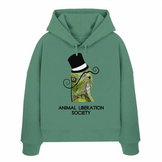 Vegan und Bio Crop Hoodie: Sir Reptile - Animal Liberation Society, grüner Hoodie mit Kapuze, stilisiertem Echsenmotiv mit Zylinder und Schnurrbart, aus 100% Bio-Baumwolle.