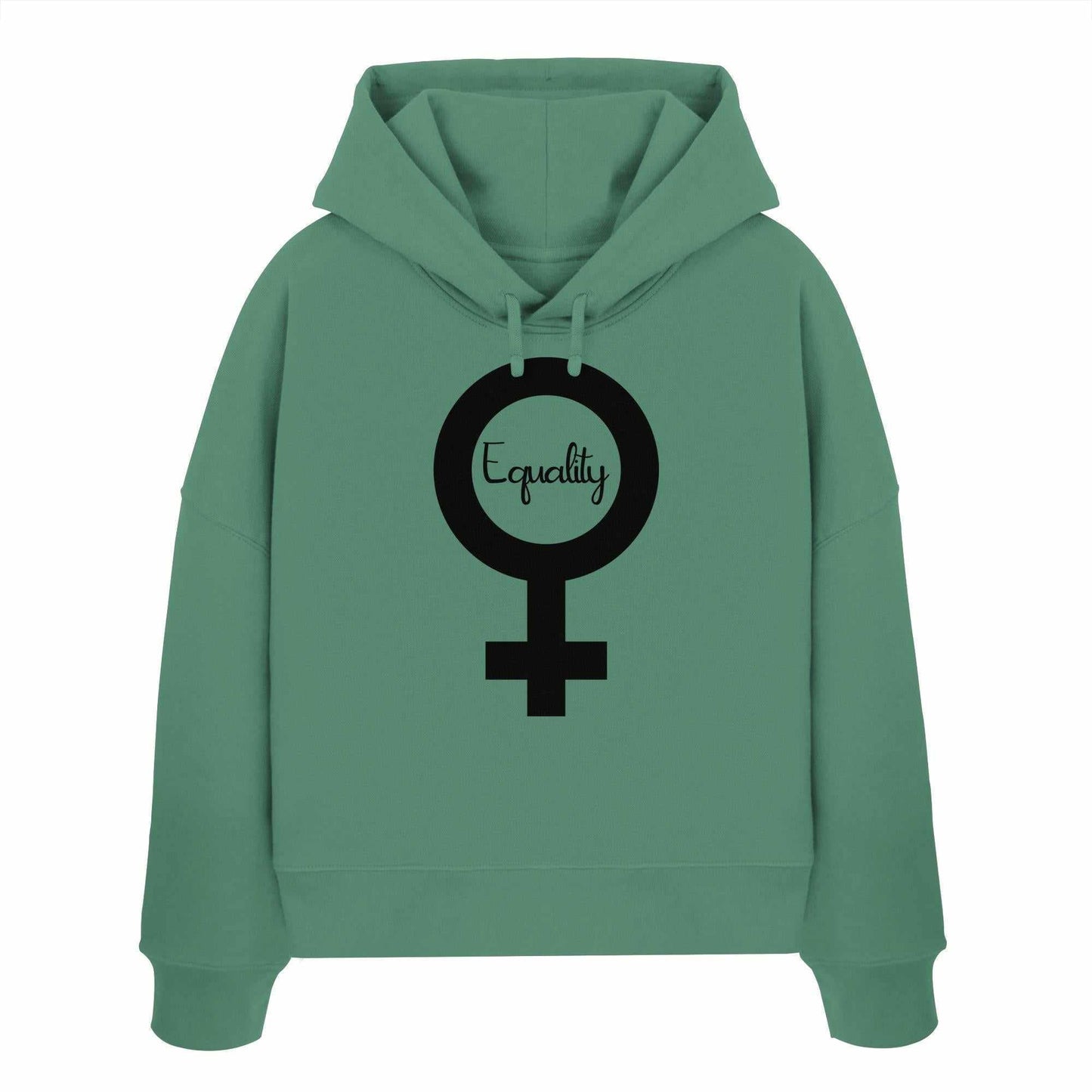 Vegan und Bio Crop Hoodie mit feministischem Symbol, aus 100% Bio-Baumwolle, Regular Fit, doppellagige Kapuze.