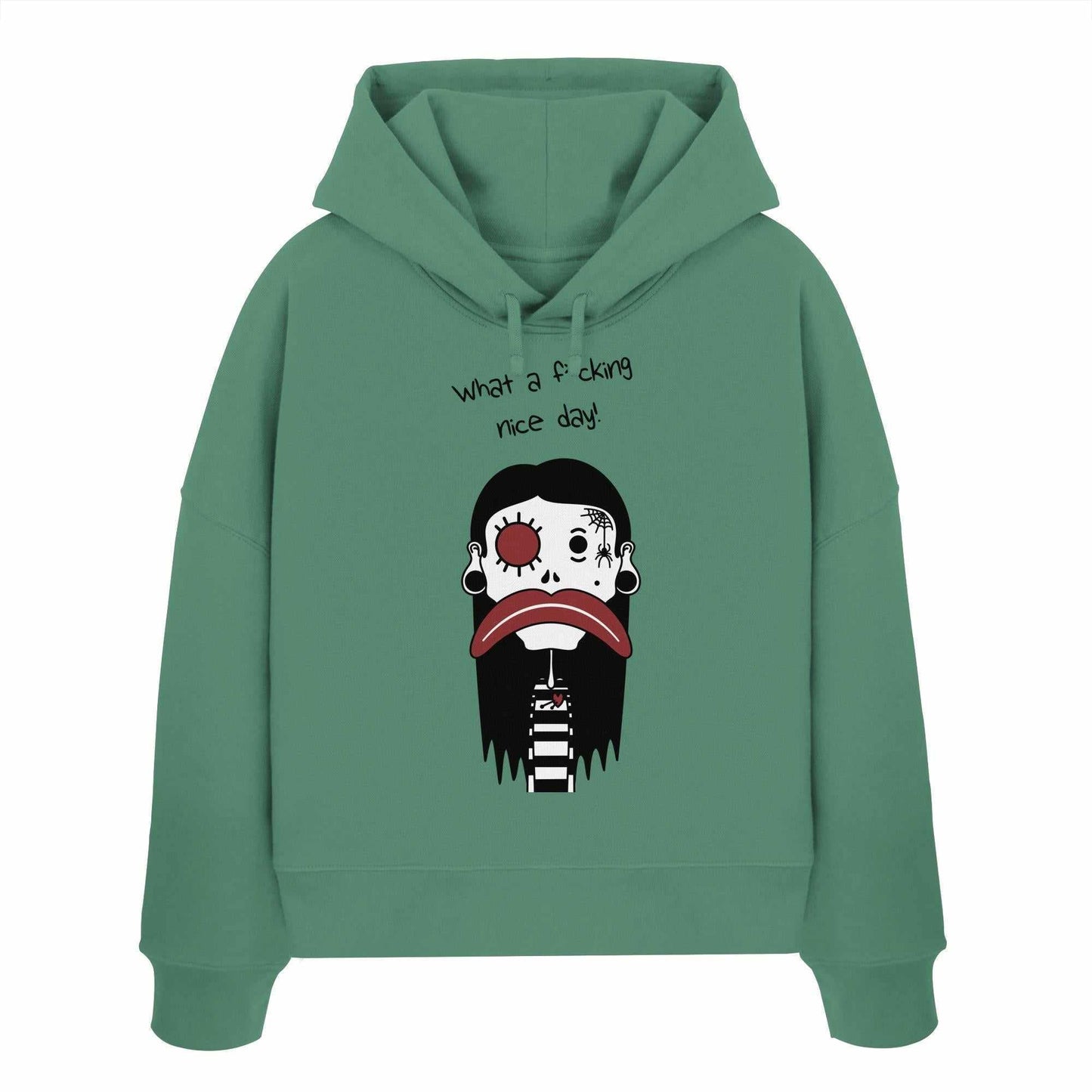 Vegan und Bio Crop Hoodie mit Cartoon-Print einer Frau mit roter Zunge und Nase, aus 100% Bio-Baumwolle, Regular Fit, doppellagige Kapuze.