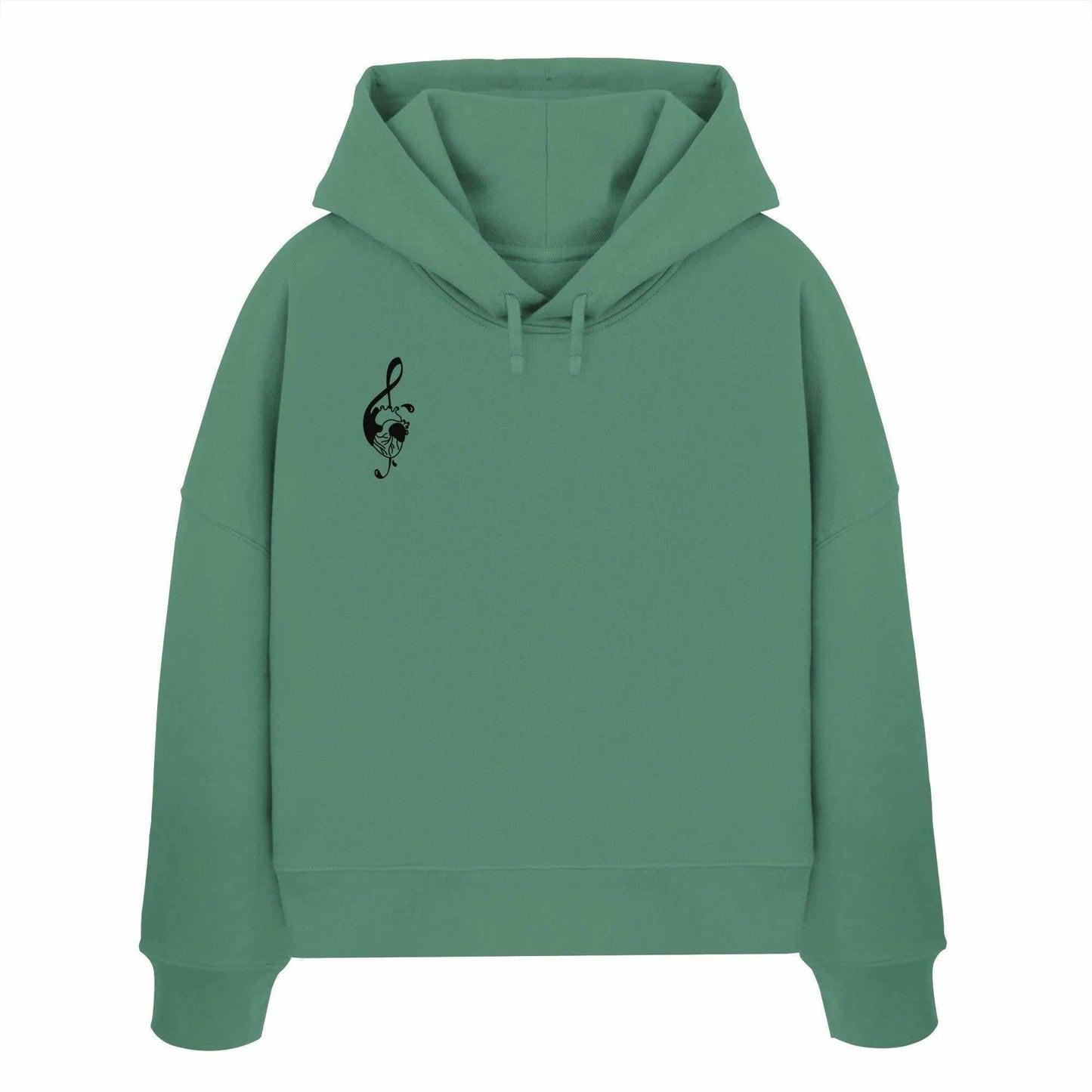 Vegan und Bio Crop Hoodie Music Heart mit schwarzem Notenschlüsselmotiv auf grünem Sweatshirt, aus 100% Bio-Baumwolle, von RUDE REBEL.