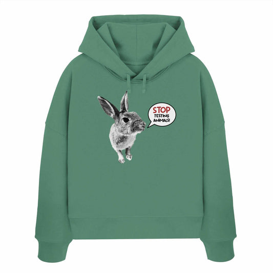 Vegan und Bio Crop Hoodie: Cute Rabbit mit Hasenmotiv und Botschaft STOP ANIMAL TESTING!, aus 100% Bio-Baumwolle im Regular Fit, ideal für nachhaltigen Lifestyle.