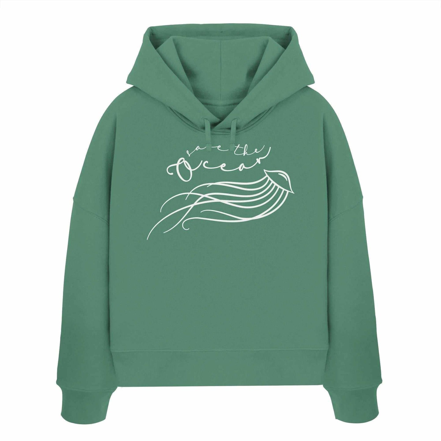 Vegan und Bio Crop Hoodie: Jellyfish - Save the Ocean, grüner Kapuzenpullover mit weißem Quallenmotiv und Botschaft für Meeresschutz, aus 100% Bio-Baumwolle.