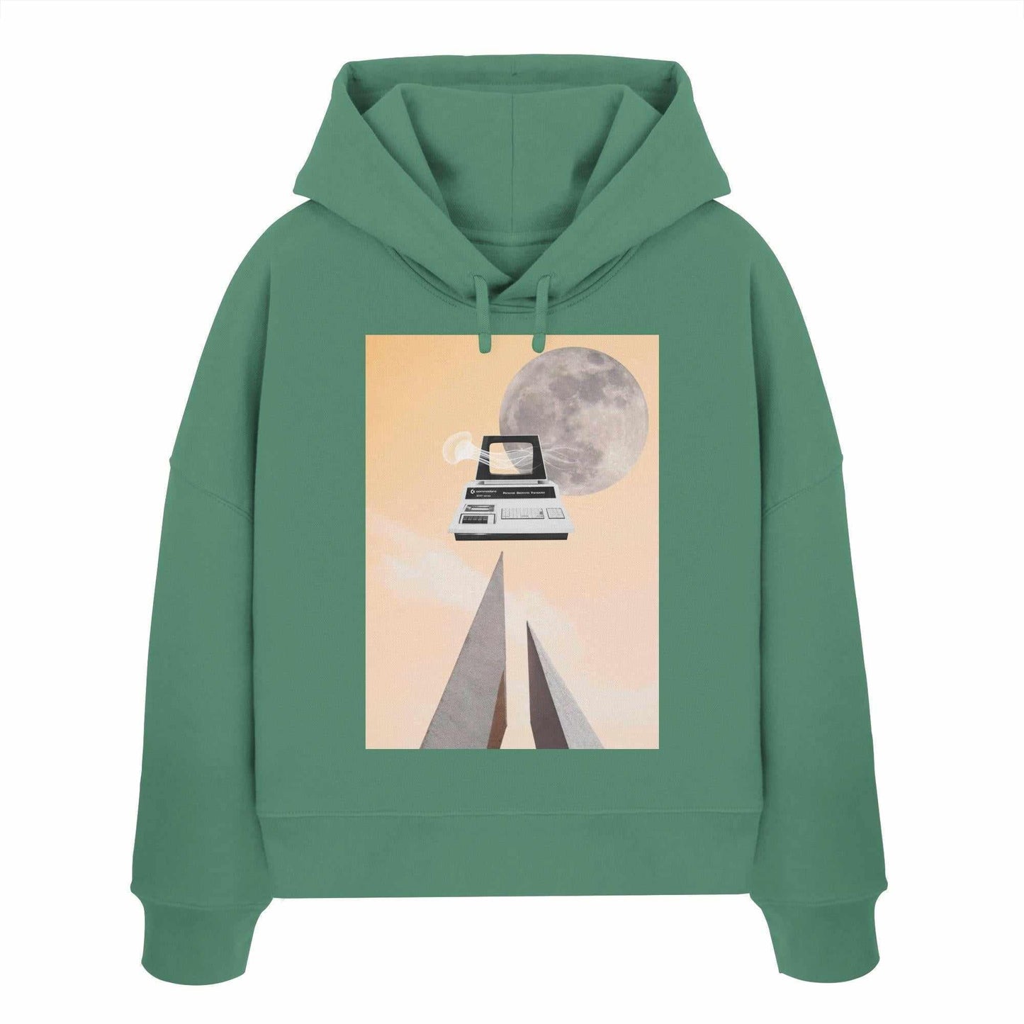 Vegan und Bio Crop Hoodie: Retro Nerd mit Schreibmaschine und Mond-Design, symbolisiert Natur und Technik; aus 100% Bio-Baumwolle, rebellisches RUDE REBEL Design.