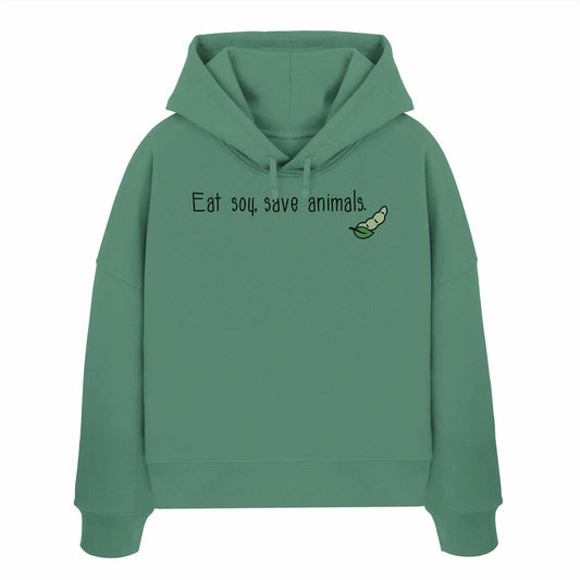 Vegan und Bio Crop Hoodie mit grünem Logo, betont Veganismus. 100% Bio-Baumwolle, Regular Fit, doppellagige Kapuze, flache Kordel.