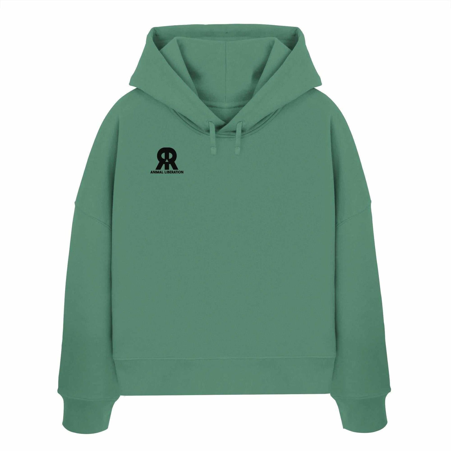 Vegan und Bio Crop Hoodie: RUDE REBEL Skull - Animal Liberation, grünes Sweatshirt mit Totenkopf-Logo, aus 100% Bio-Baumwolle, reguläre Passform, doppellagige Kapuze.